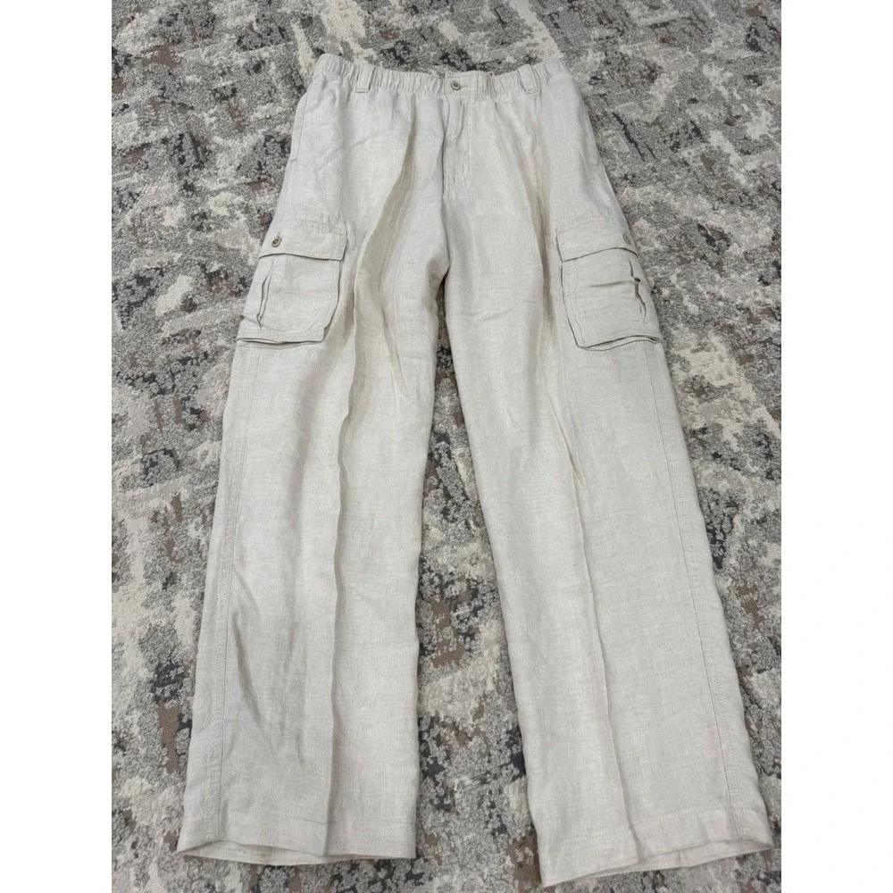 Caribbean Mens 100% Linen Cargo Pants Tan Beige 34x32 Straight Leg Lightweight
